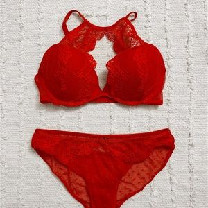 Adore Me Red Mesh Dot Lace Push-Up Bra & Briefs